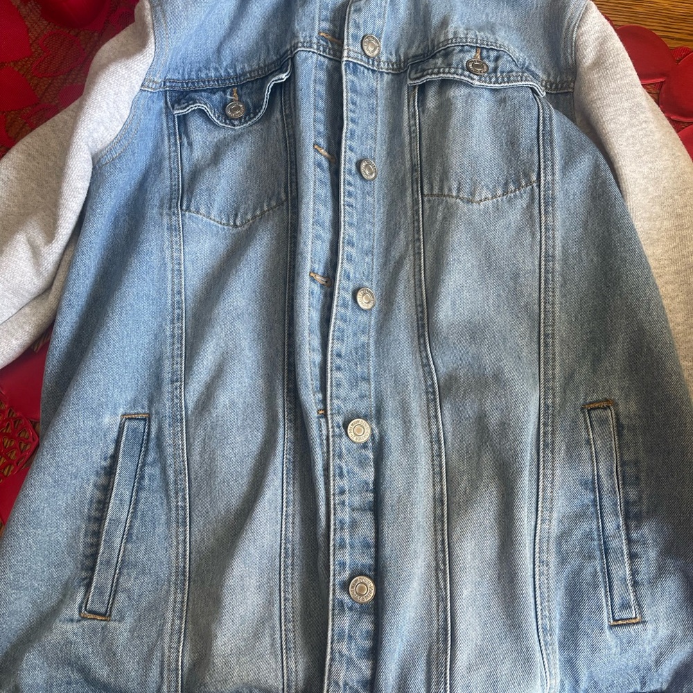 Forever 21 Blue Denim Jacket with Gray Knit Sleeves - Picture 7 of 11